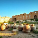 Flick International Ancient stone water jars at Khirbet Qana site, symbolizing Jesus' first miracle.