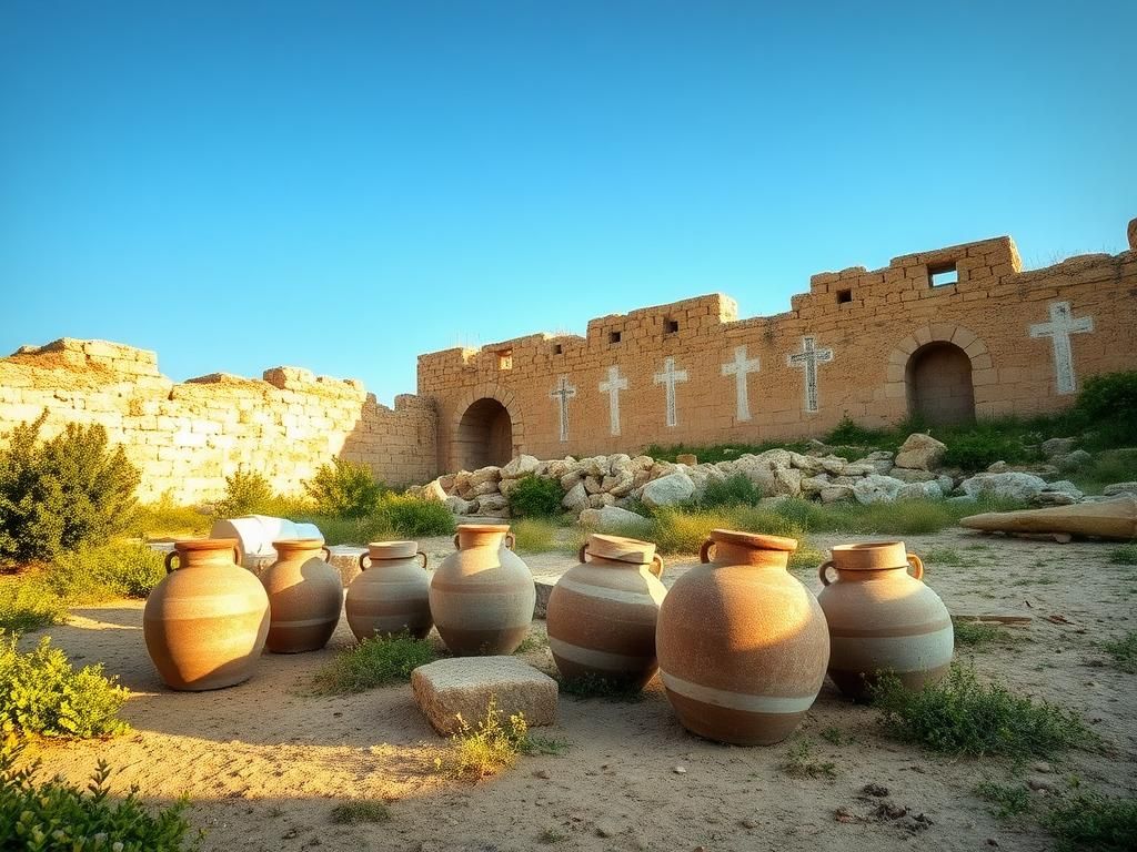 Flick International Ancient stone water jars at Khirbet Qana site, symbolizing Jesus' first miracle.