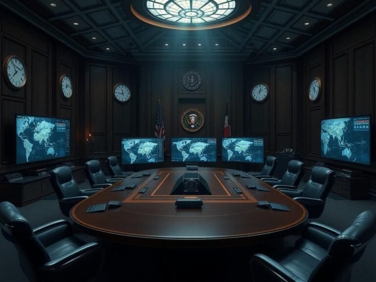 Flick International Interior of the White House Situation Room with a large conference table and high-tech screens