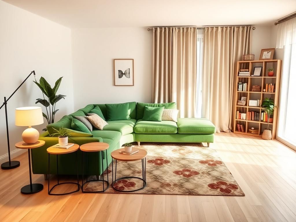 Flick International Cozy modern living room featuring a green velvet L-shaped sectional sofa and decorative items