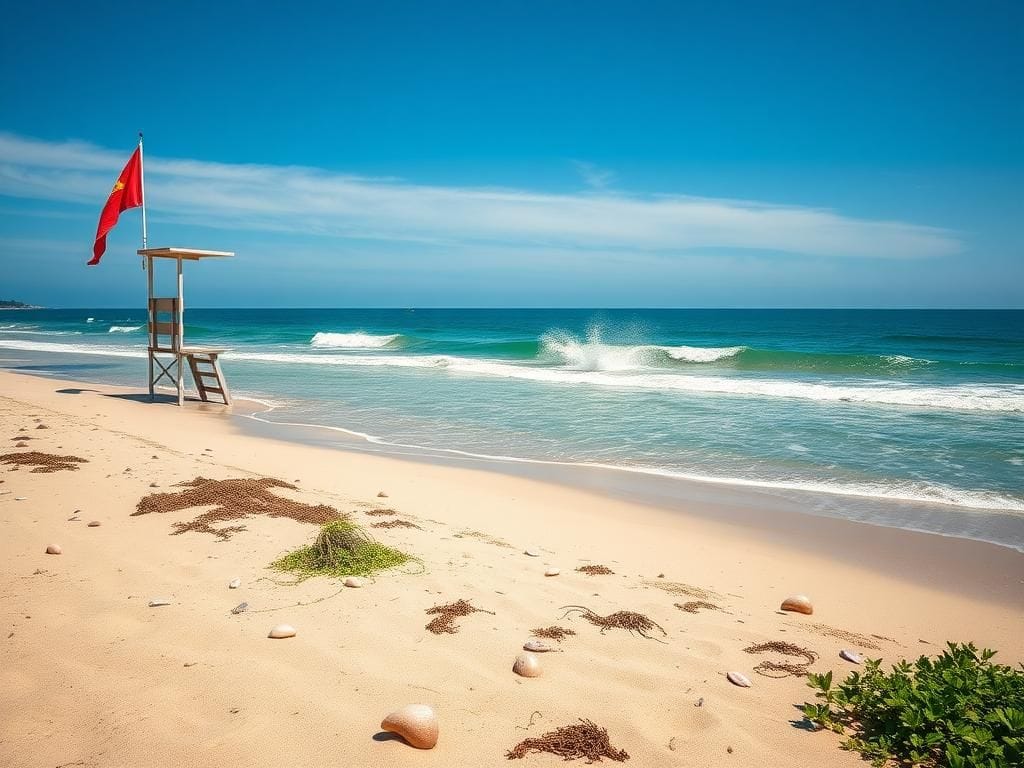 Flick International A serene beach scene at Hilton Head Island with an empty lifeguard stand and warning flag indicating potential danger
