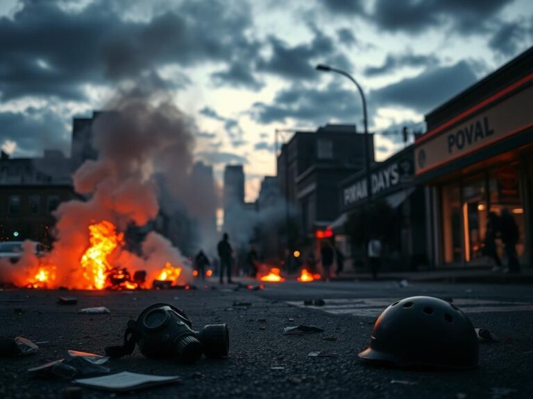 Flick International Chaotic urban scene in Seattle with smoke and flames during protests