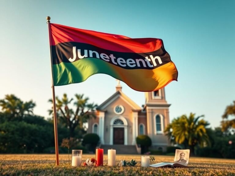 Flick International Serene outdoor scene of a historic church with lush greenery and a Juneteenth flag representing hope and remembrance