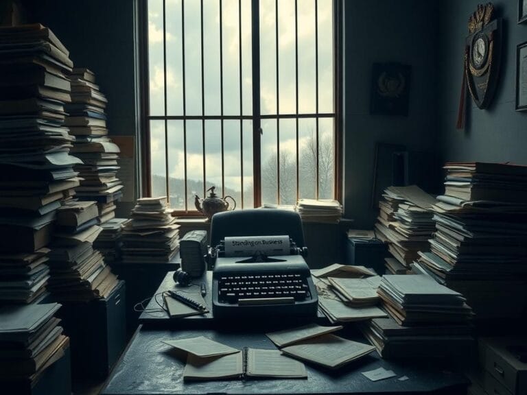 Flick International A dusty office filled with clutter and chaos, symbolizing the turmoil of a political figure