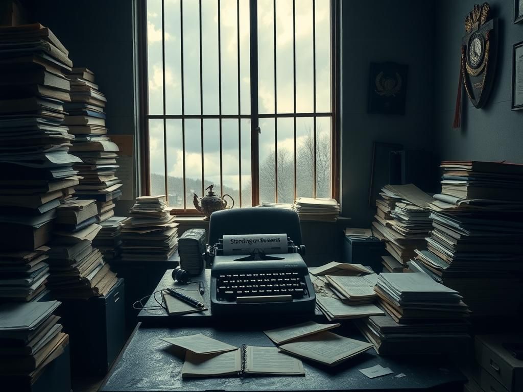 Flick International A dusty office filled with clutter and chaos, symbolizing the turmoil of a political figure