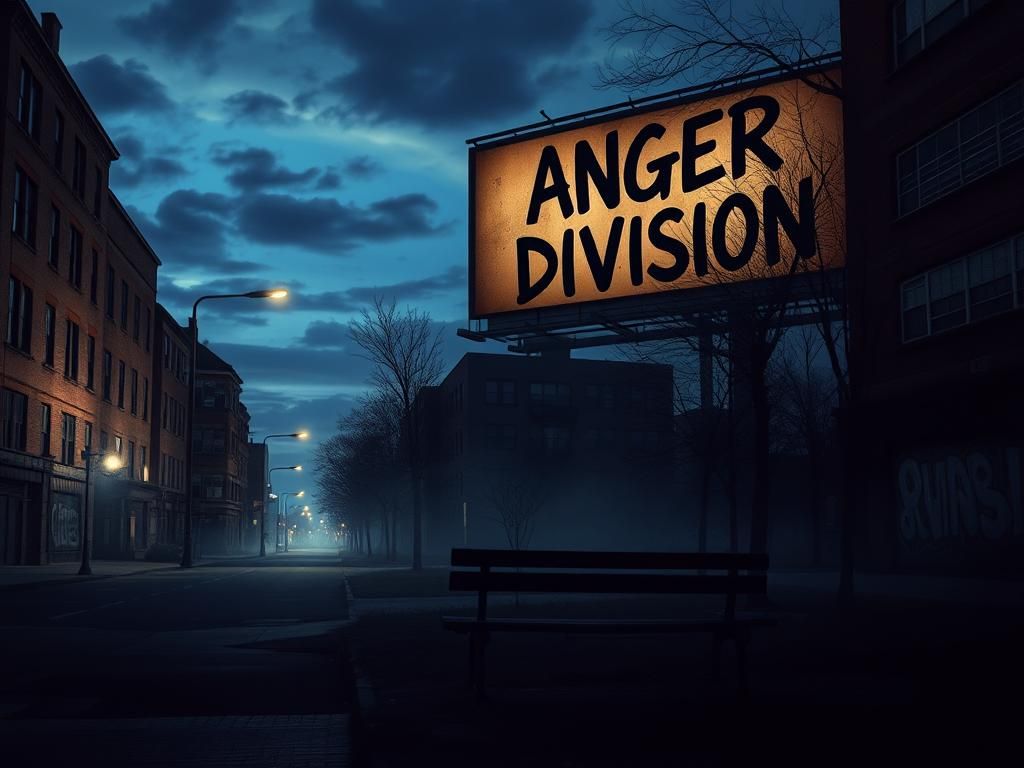 Flick International dark urban landscape at dusk reflecting political turmoil