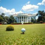 Flick International Bryson DeChambeau preparing to hit a golf ball on the White House South Lawn