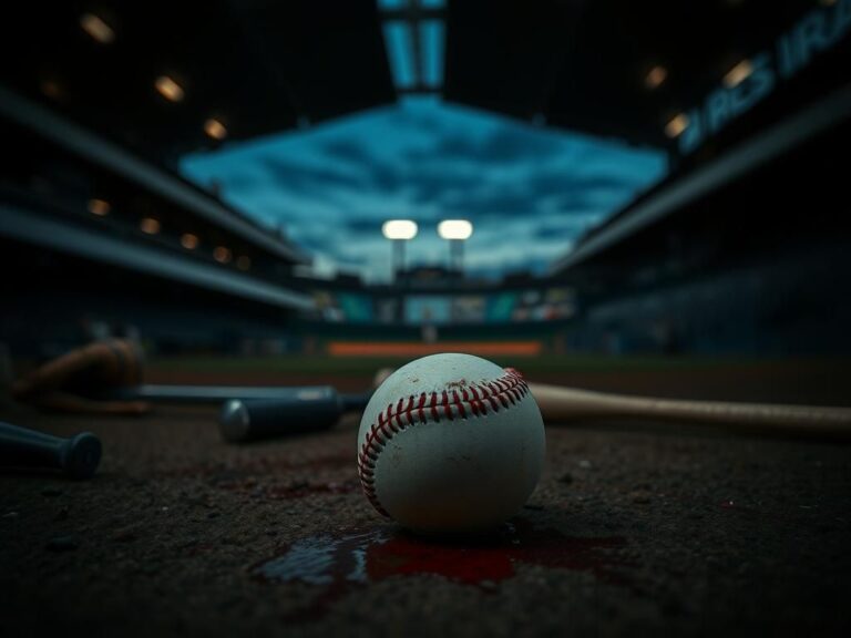 Flick International Close-up of a bloodied baseball on the ground near the dugout during a tense moment in a baseball game