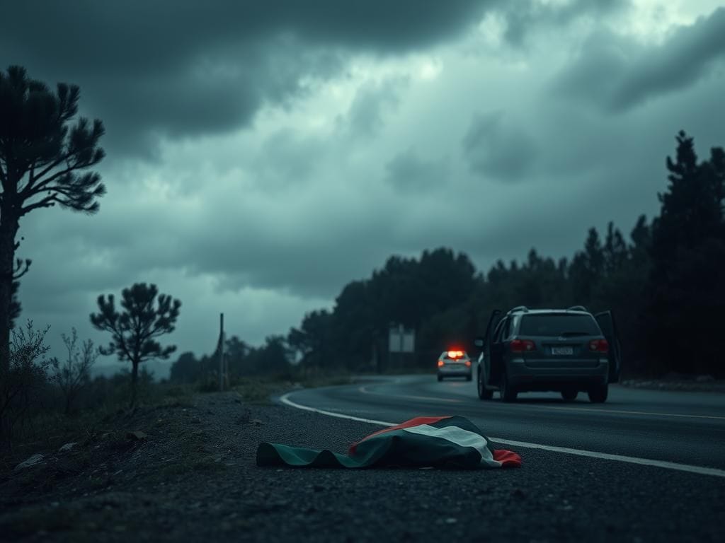 Flick International abandoned vehicle on a roadside with a crumpled Palestinian flag nearby