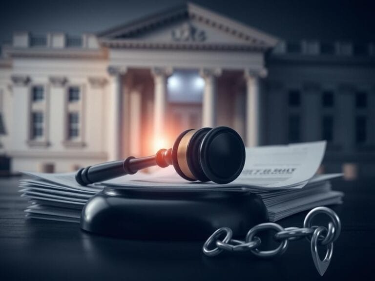 Flick International A somber courtroom scene with a judge's gavel and legal documents