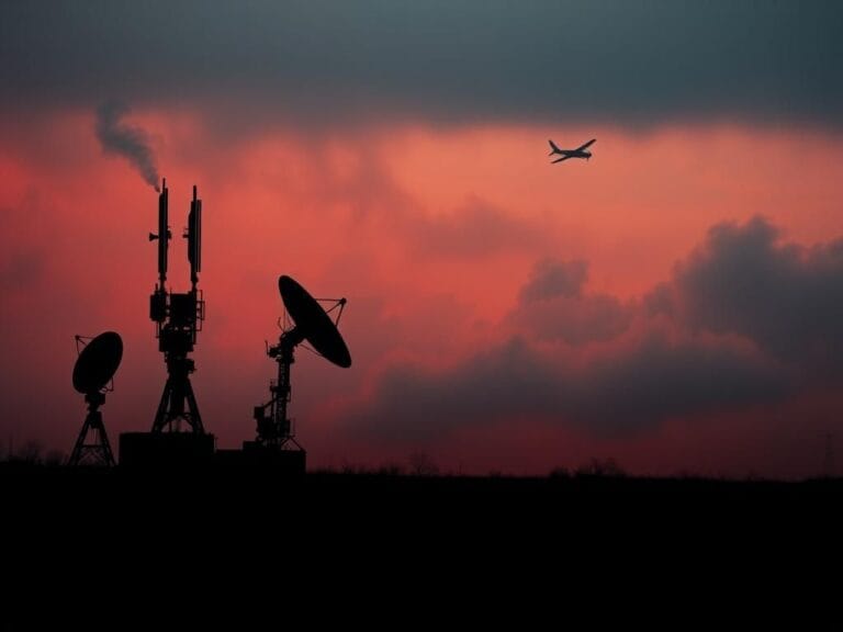 Flick International A dramatic landscape symbolizing conflict and surveillance with silhouettes of communication towers and military aircraft.