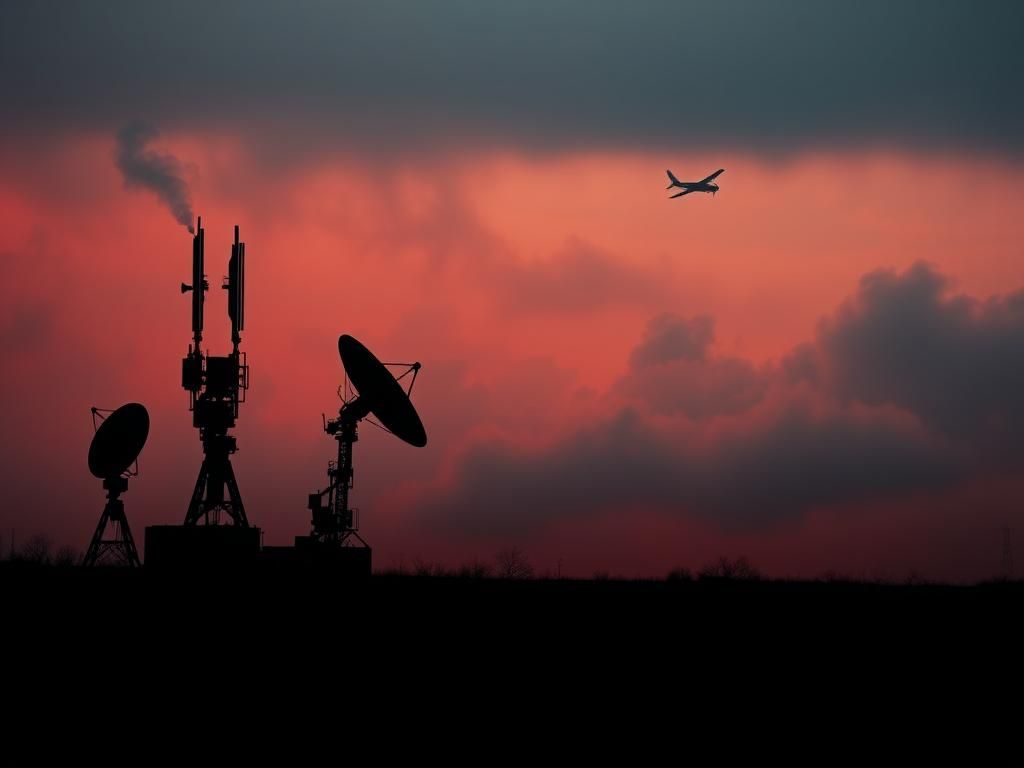 Flick International A dramatic landscape symbolizing conflict and surveillance with silhouettes of communication towers and military aircraft.