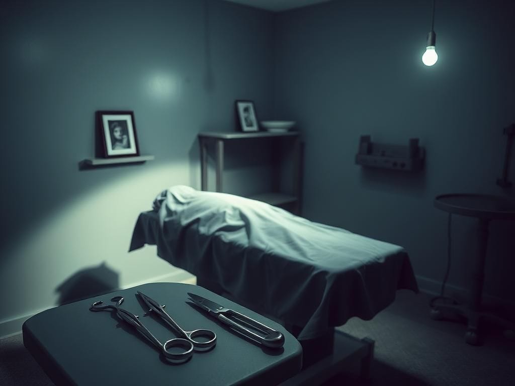 Flick International Dimly lit autopsy room with a shrouded table and surgical tools, evoking themes of loss and grief.