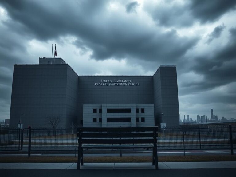 Flick International Exterior view of a federal immigration detention center with dark clouds above, symbolizing tension in Newark.