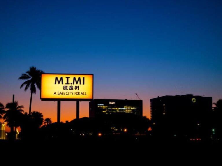 Flick International Illuminated city sign in Miami reading 'Miami: A Safe City for All' against a dusk sky