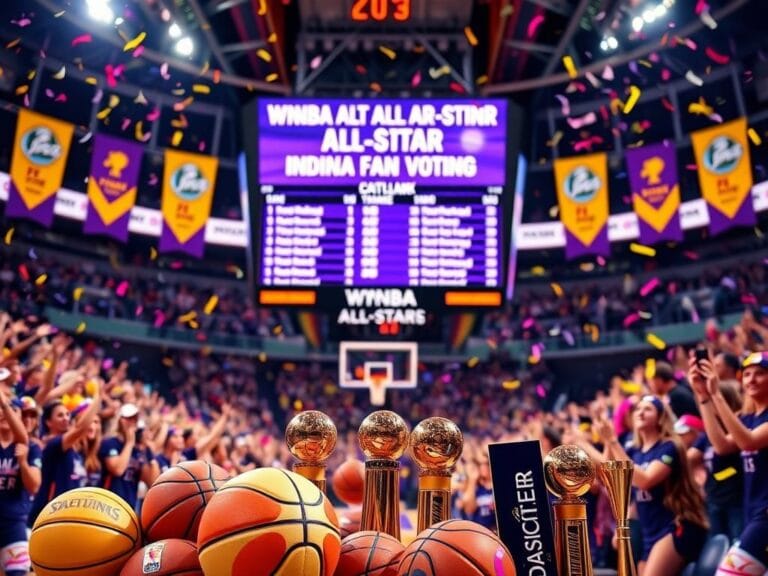 Flick International A vibrant basketball arena showcasing WNBA All-Star fan voting with Caitlin Clark's name prominently displayed