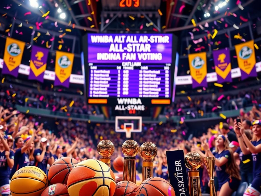 Flick International A vibrant basketball arena showcasing WNBA All-Star fan voting with Caitlin Clark's name prominently displayed