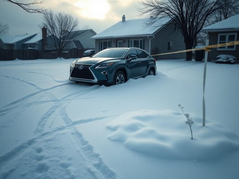 Flick International Abandoned Lexus SUV partially buried in fresh snow in a suburban front yard