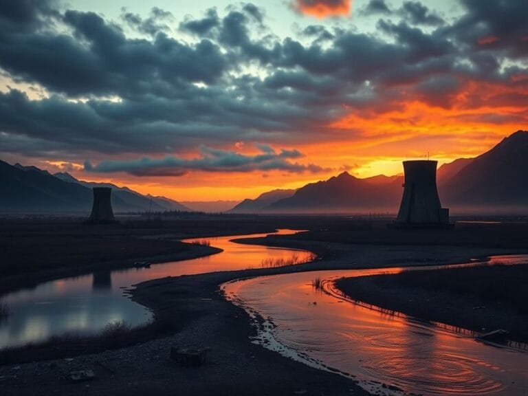 Flick International A stark landscape featuring a rusted nuclear reactor silhouette at twilight, symbolizing nuclear negotiation tensions.