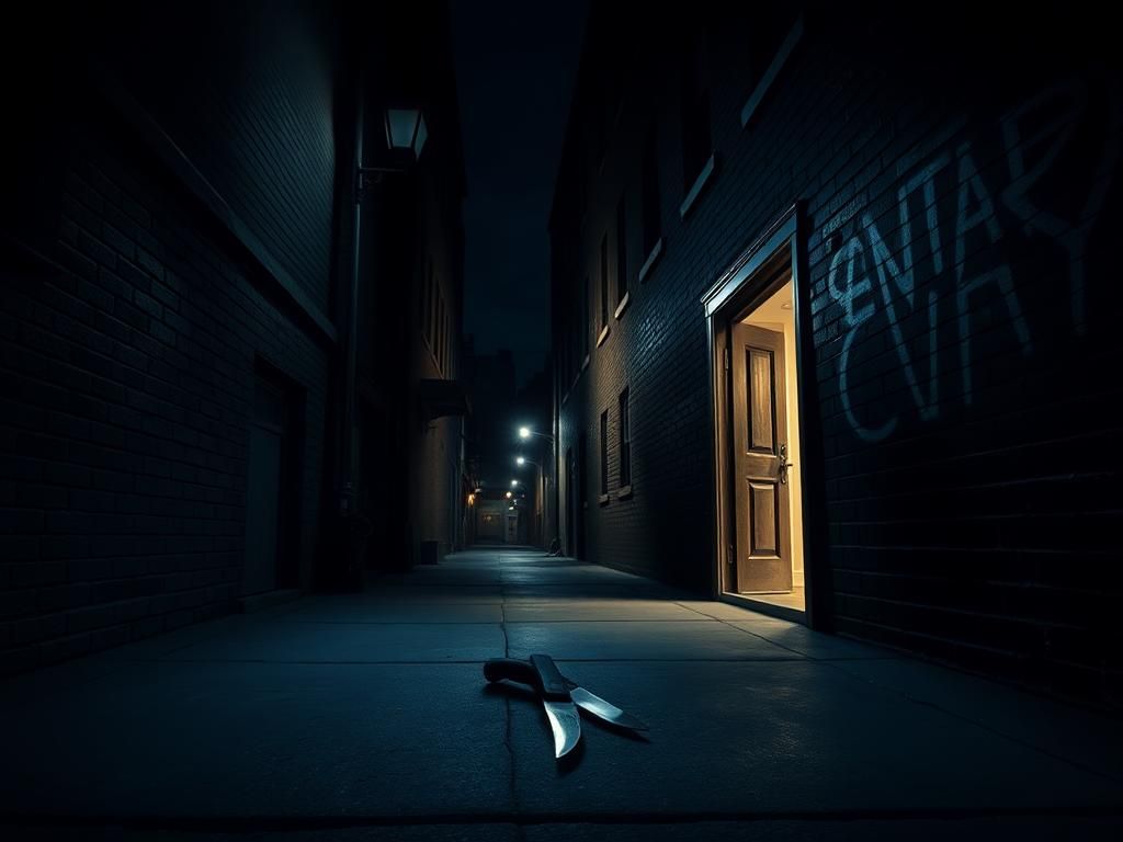 Flick International Dark alleyway in Albany, New York, featuring a discarded knife and shadows, symbolizing tension and danger related to sanctuary city policies