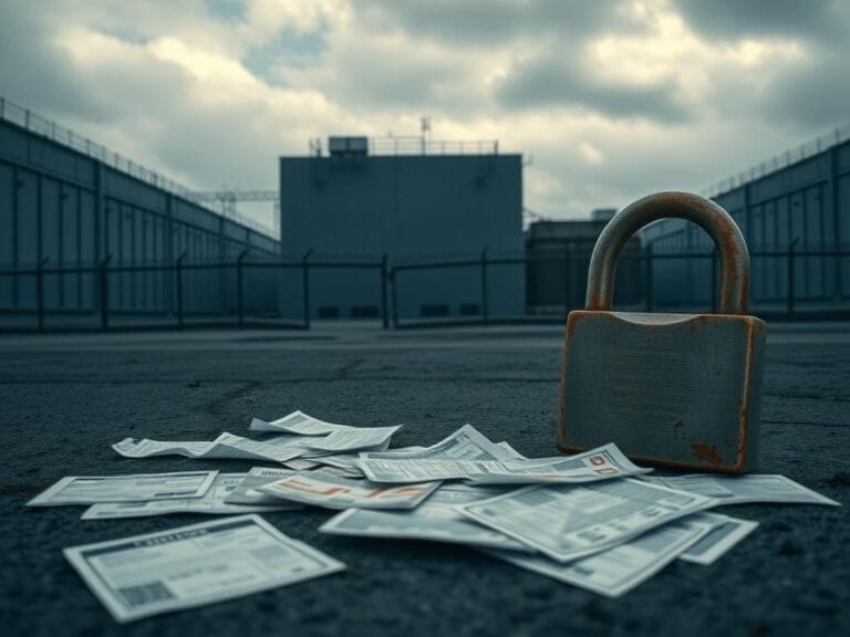 Flick International Exterior view of a meatpacking plant highlighting security measures and scattered identification documents