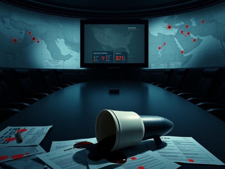 Flick International A military briefing room depicting an empty oval table and maps of Iran, symbolizing tension and decision-making absence