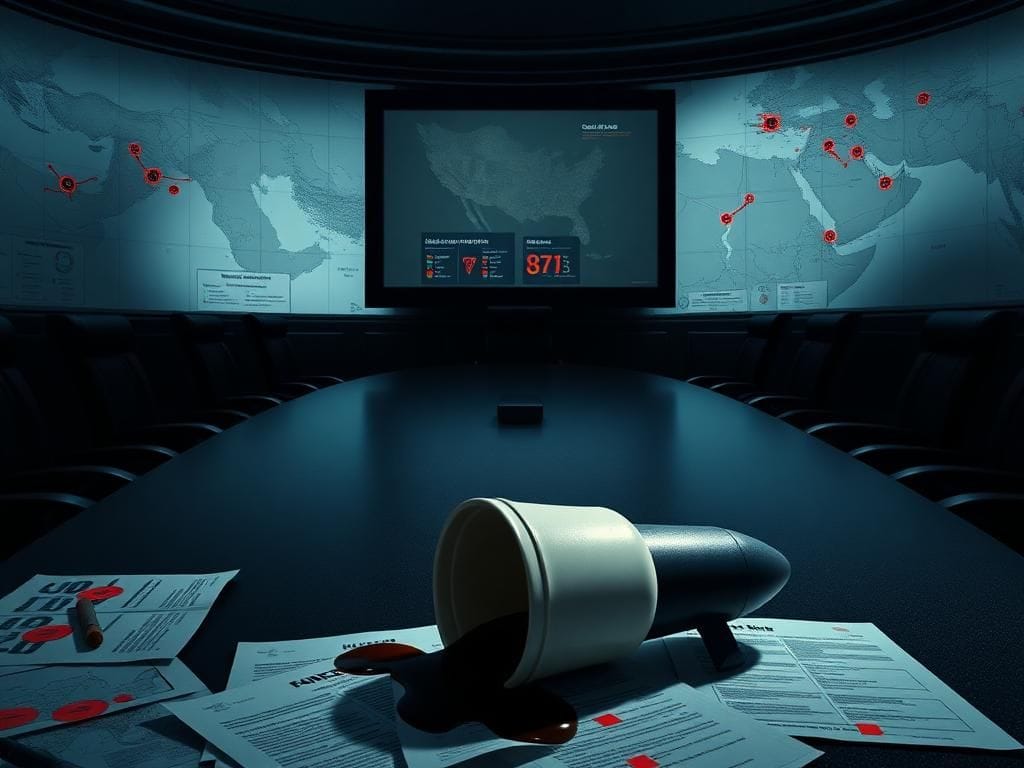 Flick International A military briefing room depicting an empty oval table and maps of Iran, symbolizing tension and decision-making absence