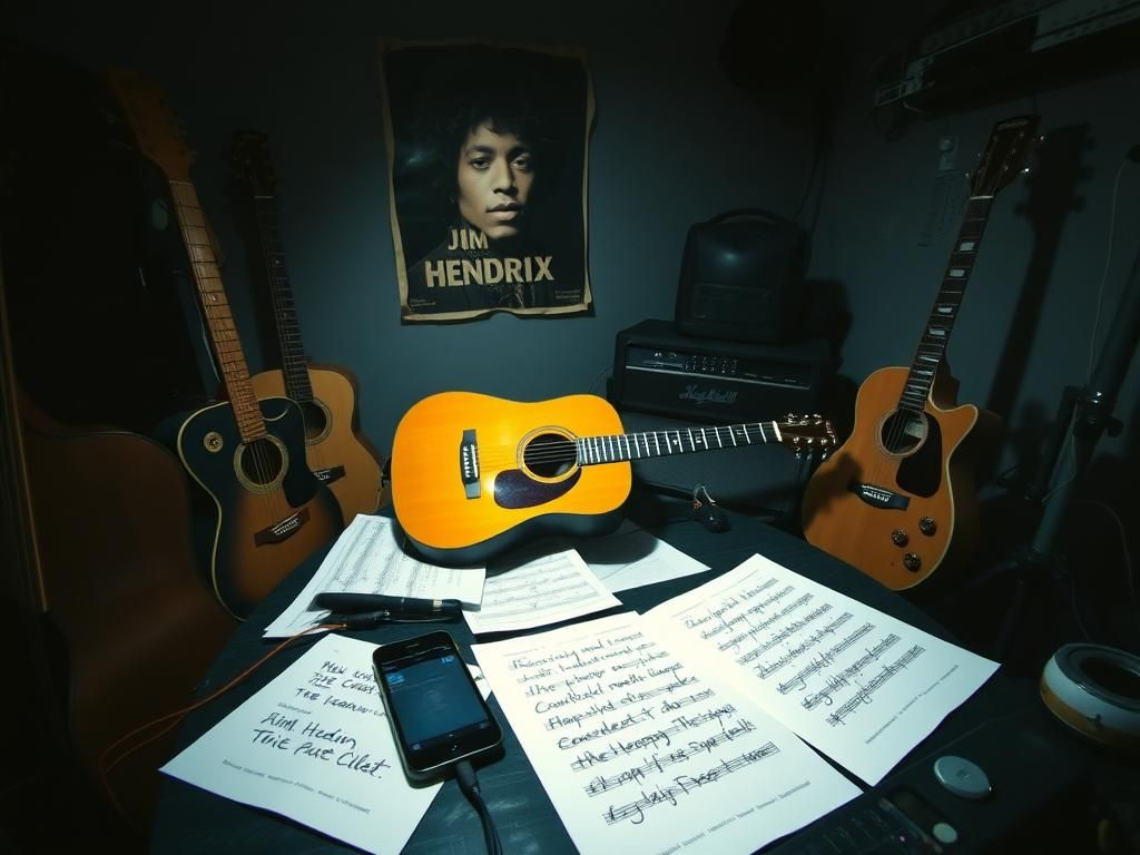 Flick International A dimly lit room featuring an out-of-tune acoustic guitar surrounded by sheet music and a Jimi Hendrix poster