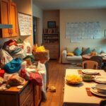 Flick International Cluttered kitchen counter with half-prepared dishes and grocery bags, illustrating last-minute party planning chaos.
