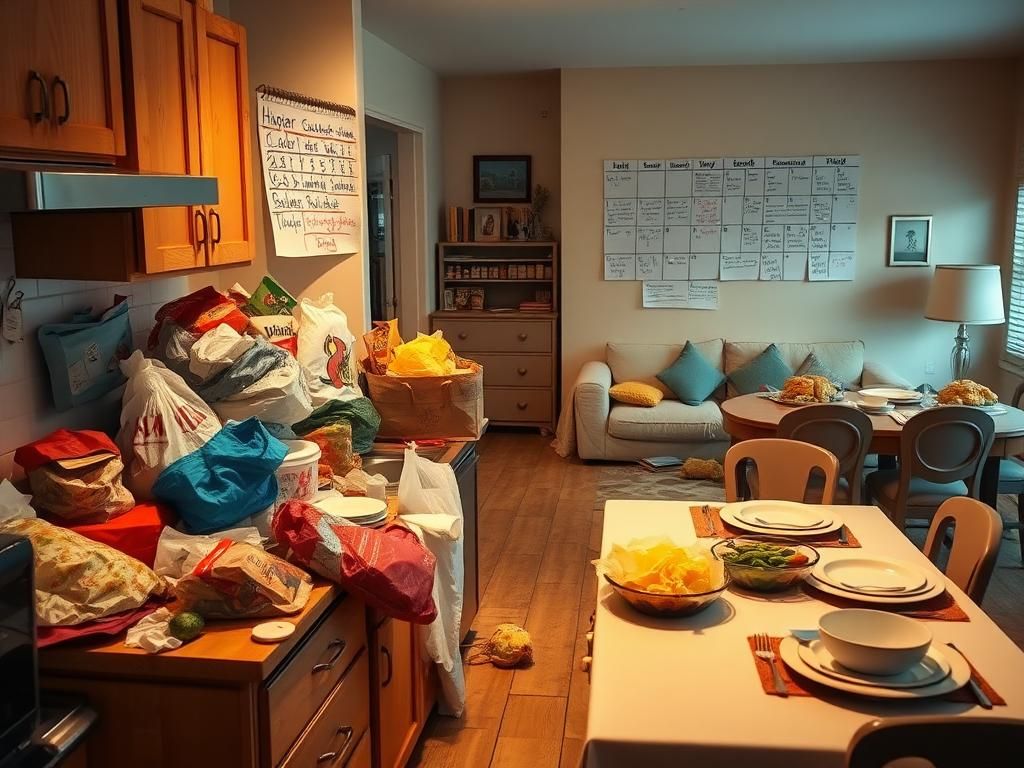 Flick International Cluttered kitchen counter with half-prepared dishes and grocery bags, illustrating last-minute party planning chaos.