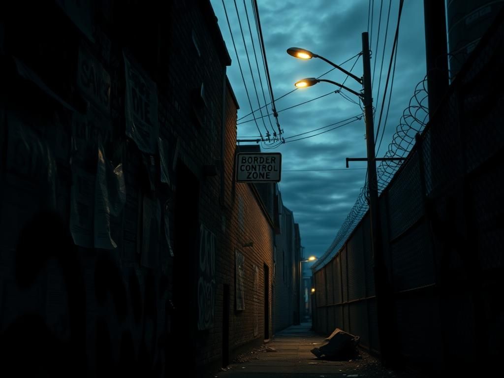 Flick International A shadowy alley with graffiti-covered walls depicting immigration enforcement themes