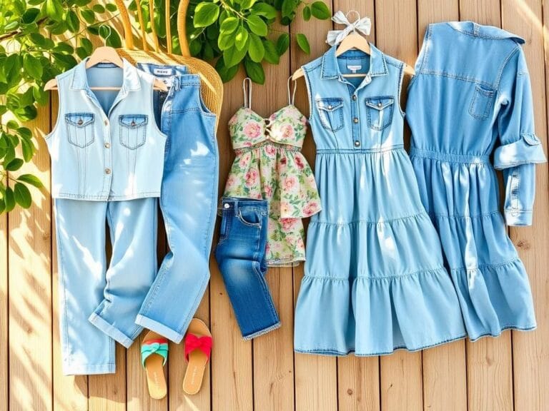 Flick International A vibrant summer scene displaying various timeless denim styles on a wooden surface