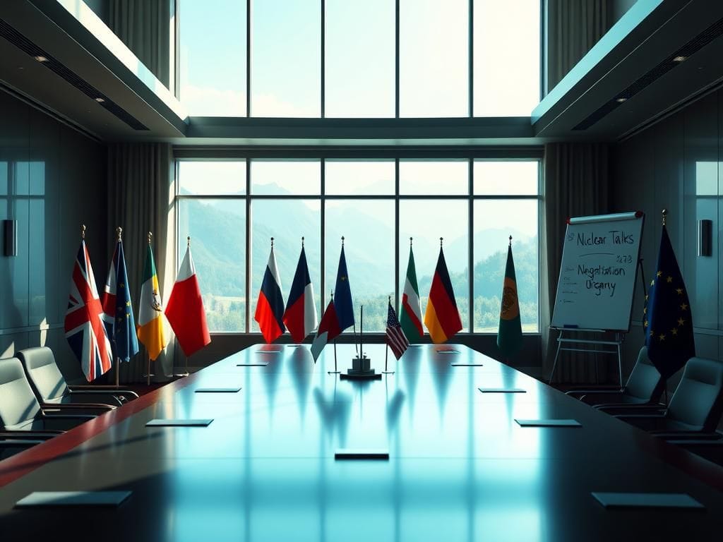Flick International Diplomatic meeting in Geneva featuring European flags and a conference table
