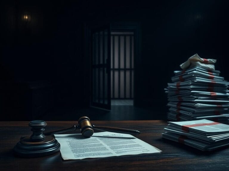 Flick International Dark courtroom scene with a wooden judge's bench and gavel on a legal document