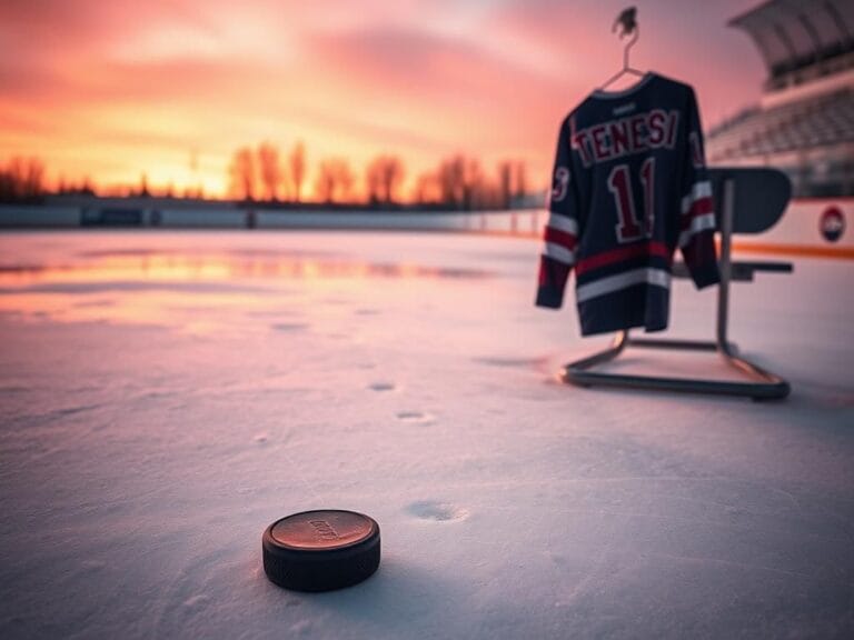 Flick International A serene ice hockey rink at dusk with a puck and a jersey bearing the name 'Tenesi'.