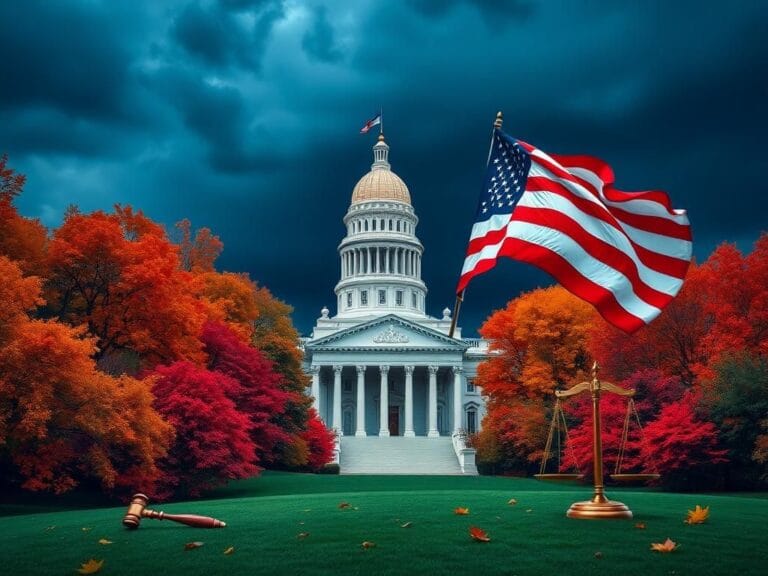 Flick International Dramatic view of Kentucky state capitol building with autumn foliage and American flag