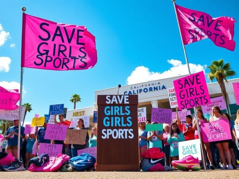Flick International Rally for Save Girls Sports at California sports league meeting with colorful protest signs