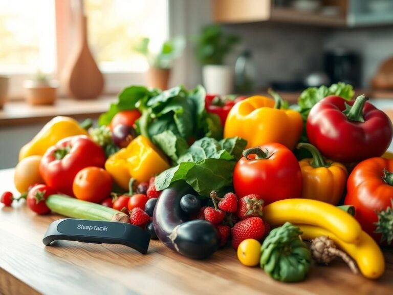 Flick International A colorful arrangement of fresh fruits and vegetables on a wooden kitchen table