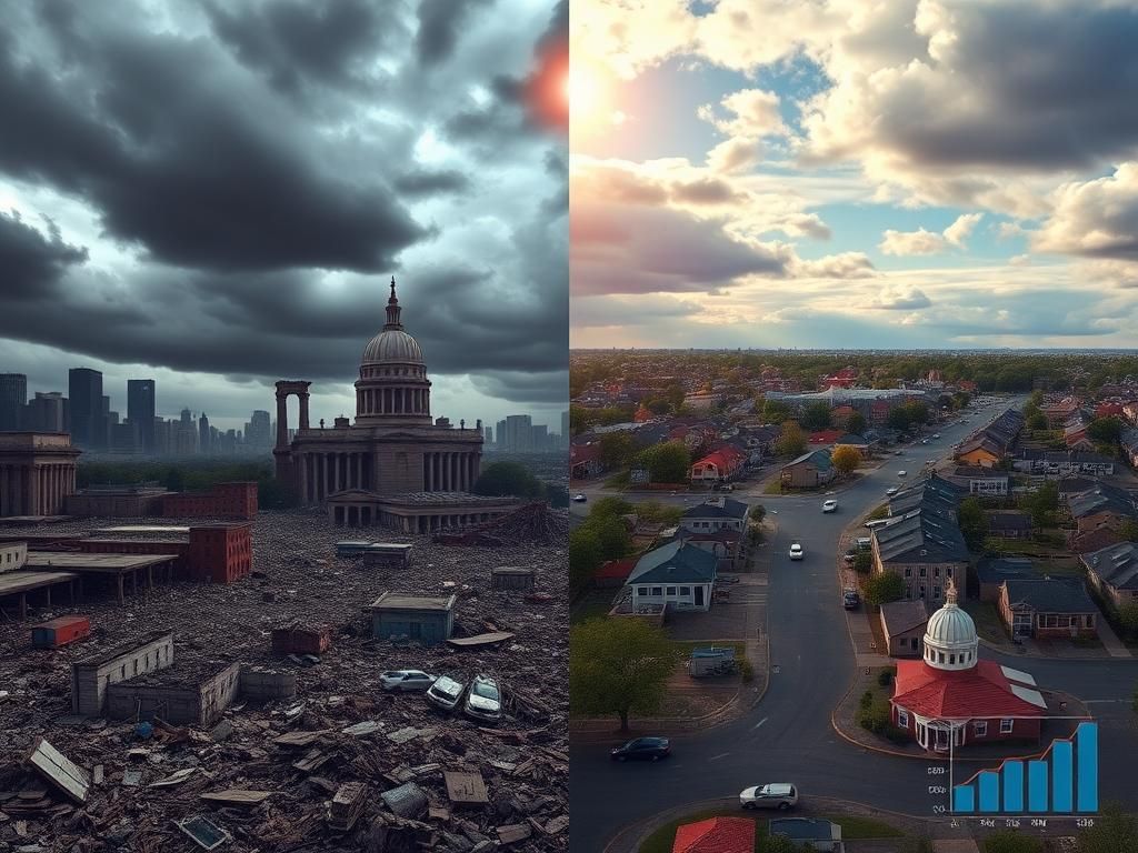 Flick International Conceptual image depicting a divided economic landscape with contrasting cityscapes representing Democrats and Republicans.