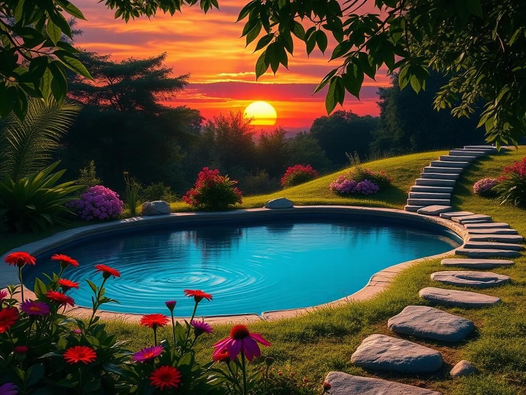 Flick International Serene landscape with a tranquil pool and vibrant flowers symbolizing peace and rejuvenation