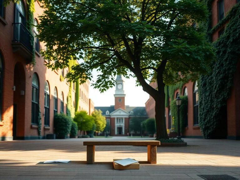 Flick International A serene courtyard at Harvard University with iconic brick buildings and a weathered stone bench under a green tree