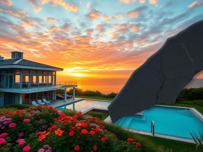 Flick International Upscale seaside property in the Hamptons with a luxurious beach house and vibrant garden