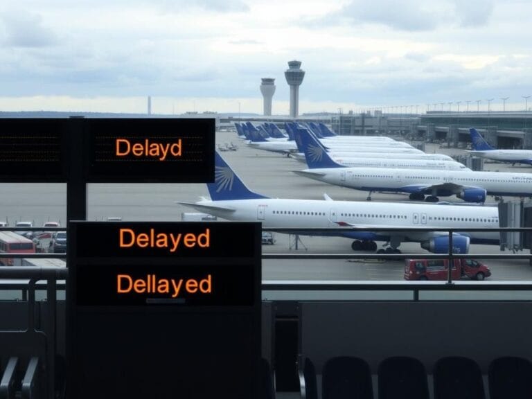 Flick International Grounded airplanes at Newark Airport's tarmac with delay signs visible in the background