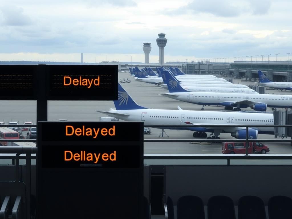 Flick International Grounded airplanes at Newark Airport's tarmac with delay signs visible in the background