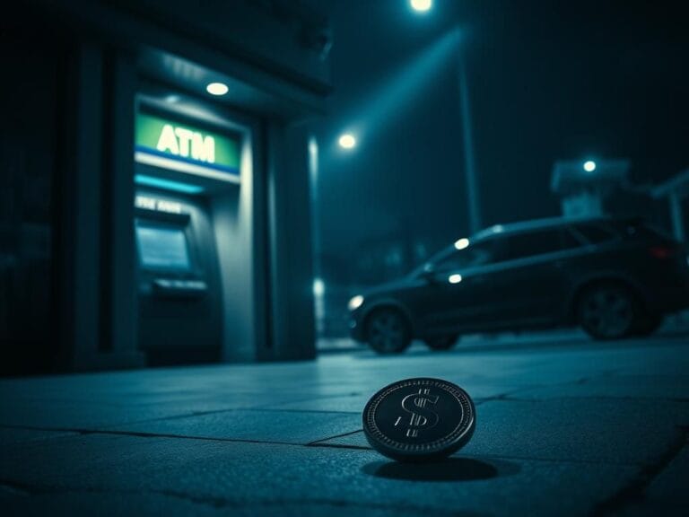 Flick International Dark urban scene depicting a bank entrance with an unattended dollar sign coin on the ground and an ominously parked vehicle.