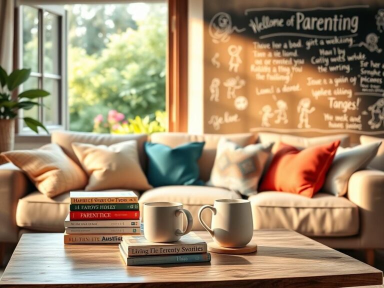 Flick International Cozy family living room with plush sofa and parenting books