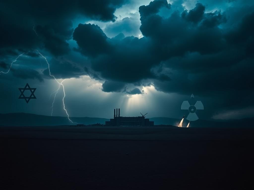 Flick International Stark landscape depicting an Iranian nuclear facility under dark storm clouds