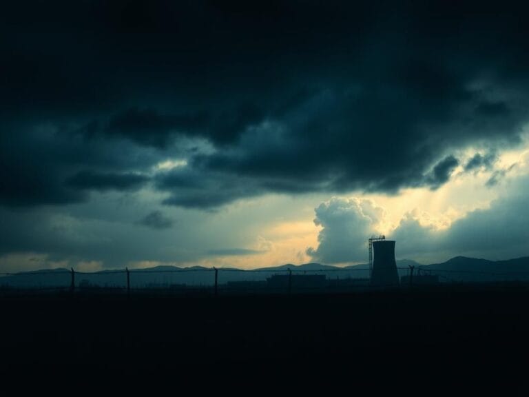 Flick International Dark, stormy sky over a military facility symbolizing nuclear capabilities