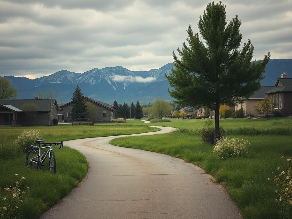 Flick International A serene suburban landscape in Colorado with a deserted bike path and mountains in the background, symbolizing the mystery of Suzanne Morphew's disappearance.
