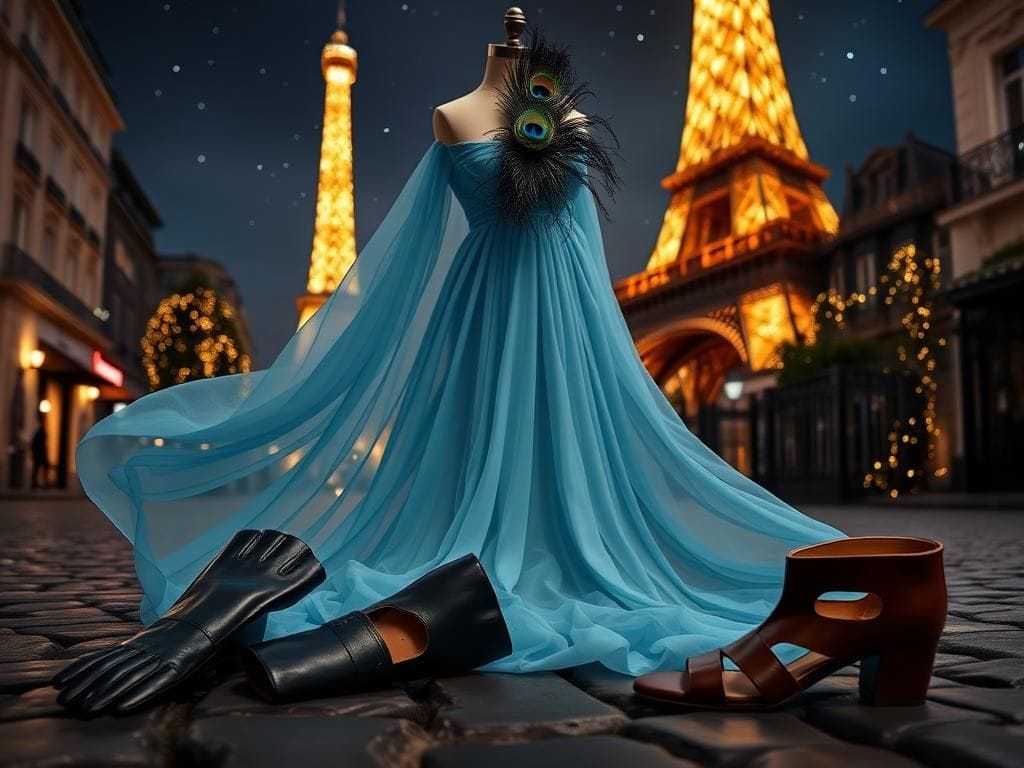 Flick International Miley Cyrus in a sheer blue Jean Paul Gaultier gown adorned with peacock feathers during a Parisian night out